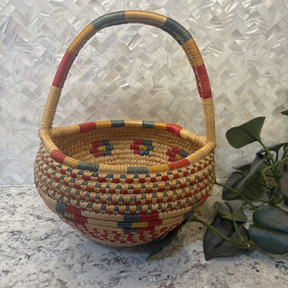 Vintage African Coiled Basket Bowl Handwoven Tribal Geometric Boho Decor